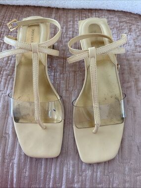 Toral Cream T-Strap Heeled Sandals with Clear Toe Band Tory Burch